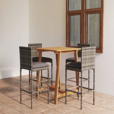 Set de 1 Table + 4 Tabourets de bar de jardin avec coussins Ensemble Table et Chaises Gris 53558