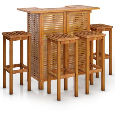 Set de 1 Table + 4 Tabourets de bar de jardin  Ensemble Table et Chaises Bois d'acacia massif 35040