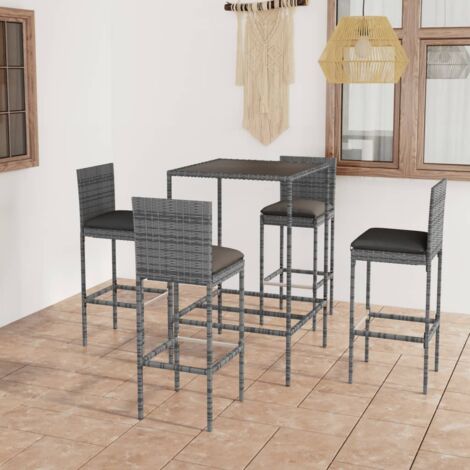 Set de 1 Table + 4 Tabourets de bar de jardin  Ensemble Table et Chaises et coussins Résine tressée Gris 75958