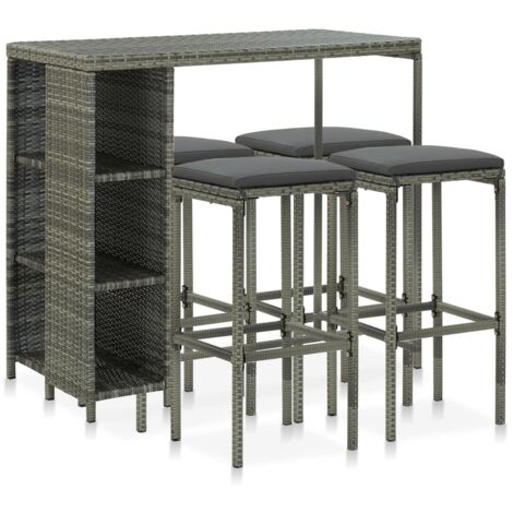 Set de 1 Table + 4 Tabourets de bar de jardin  Ensemble Table et Chaises et coussins Résine tressée Gris 86331