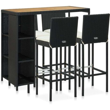 Set de 1 Table + 4 Tabourets de bar de jardin  Ensemble Table et Chaises et coussins Résine tressée Noir 81819