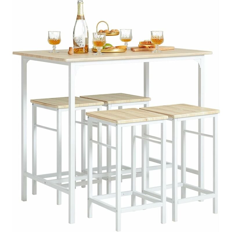 Sobuy - OGT11-WN Set de 1 Table + 4 Tabourets Ensemble Table de Bar Bistrot + 4 Tabourets avec Repose-Pieds Table Haute Cuisine