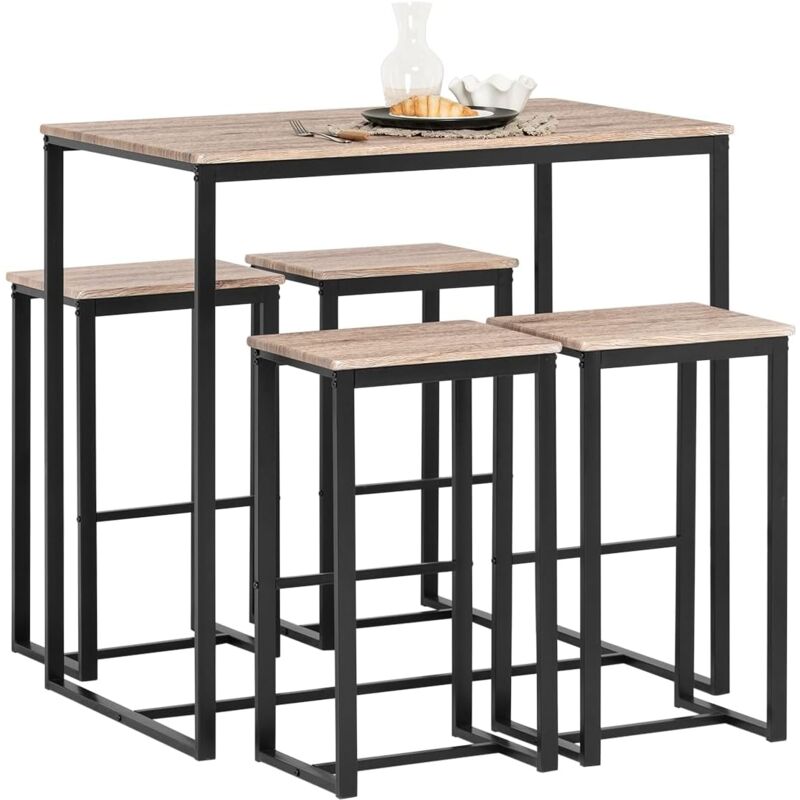 Set de 1 Table + 4 Tabourets Ensemble Table de Bar Bistrot + 4 Tabourets de Bar avec Repose-Pieds Table Haute Cuisine Mange-Debout OGT15-N SoBuy®