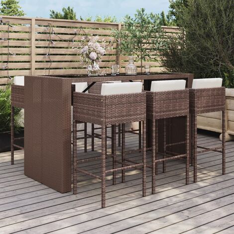 Set de 1 Table + 6 Tabourets de bar de jardin avec coussins  7 pcs Ensemble Table et Chaises marron poly rotin 24073