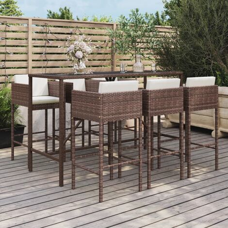Set de 1 Table + 6 Tabourets de bar de jardin avec coussins  7 pcs Ensemble Table et Chaises marron poly rotin 52576