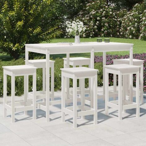 Set de 1 Table + 6 Tabourets de bar de jardin  Ensemble Table et Chaises blanc bois de pin massif 47970