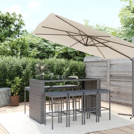 Set de 1 Table + 8 Tabourets de bar de jardin  Ensemble Table et Chaises avec coussins gris poly rotin 84955