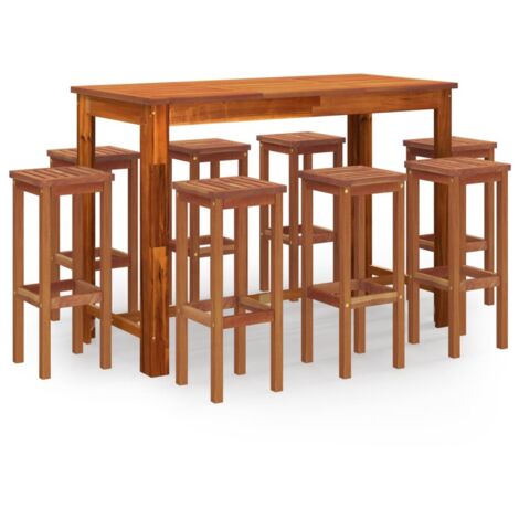 Set de 1 Table + 8 Tabourets de bar de jardin  Ensemble Table et Chaises Bois d'acacia solide 63129
