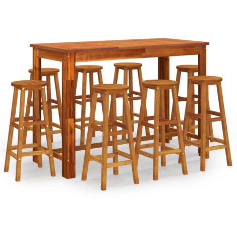 Set de 1 Table + 8 Tabourets de bar de jardin  Ensemble Table et Chaises Bois d'acacia solide 77918