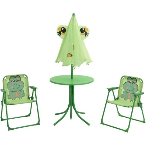 Set de 1 Table et 2 chaises de bistro avec parasol pour enfants, Set bistrot, Ensemble repas de jardin, Vert OIB6567E