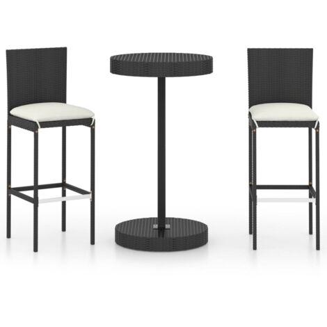 Set de 1 Table et 2 Tabourets de bar de jardin, Ensemble Table et Chaises et coussins Résine tressée Noir OIB2472E