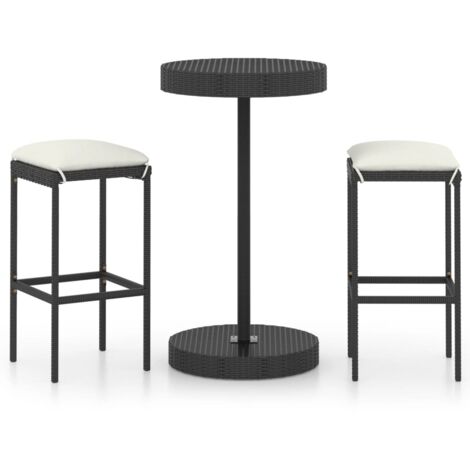 Set de 1 Table et 2 Tabourets de bar de jardin, Ensemble Table et Chaises et coussins Résine tressée Noir OIB6788E