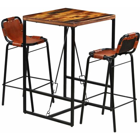 Set de 1 Table et 2 Tabourets de bar, Ensemble Table et Chaises Bois massif recyclé et cuir de chèvre OIB6960E