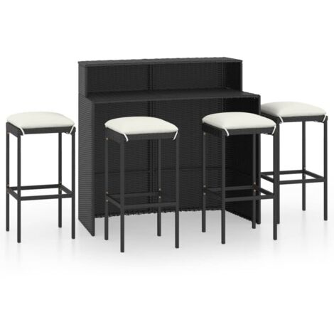 Set de 1 Table et 4 Tabourets de bar de jardin avec coussins, Ensemble Table et Chaises Noir OIB7214E