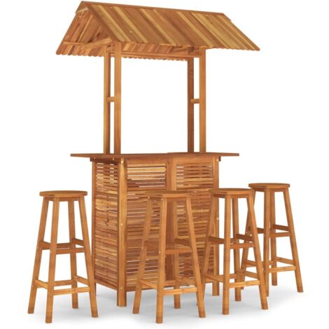 Set de 1 Table et 4 Tabourets de bar de jardin, Ensemble Table et Chaises Bois d'acacia solide OIB2116E