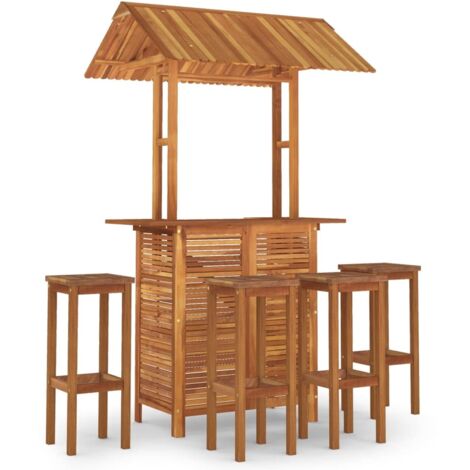 Set de 1 Table et 4 Tabourets de bar de jardin, Ensemble Table et Chaises Bois d'acacia solide OIB9131E