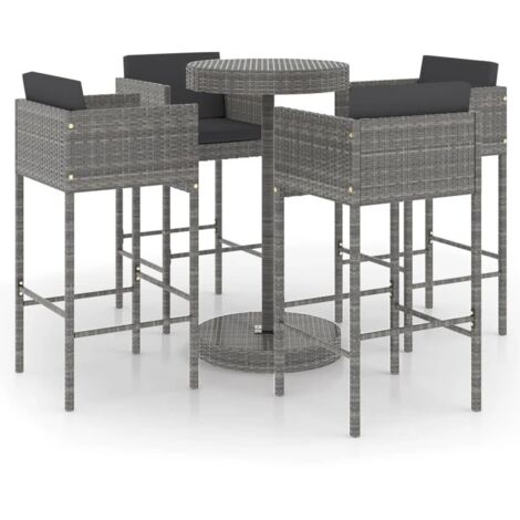 Set de 1 Table et 4 Tabourets de bar de jardin, Ensemble Table et Chaises et coussins Résine tressée Gris OIB3571E