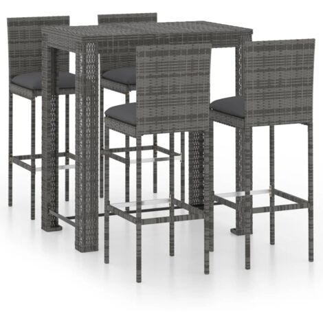 Set de 1 Table et 4 Tabourets de bar de jardin, Ensemble Table et Chaises et coussins Résine tressée Gris OIB5599E