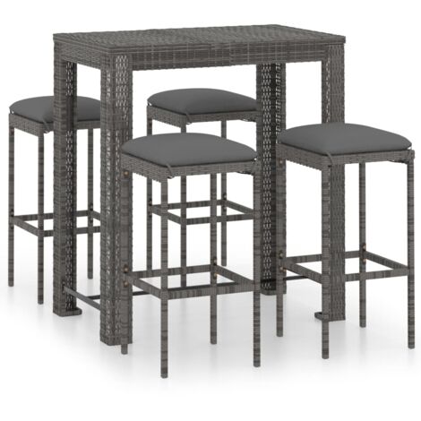 Set de 1 Table et 4 Tabourets de bar de jardin, Ensemble Table et Chaises et coussins Résine tressée Gris OIB6419E