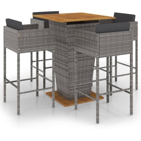Set de 1 Table et 4 Tabourets de bar de jardin, Ensemble Table et Chaises et coussins Résine tressée Gris OIB7583E