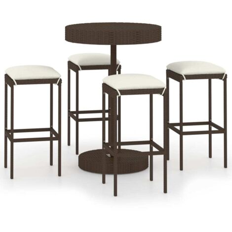Set de 1 Table et 4 Tabourets de bar de jardin, Ensemble Table et Chaises et coussins Résine tressée Marron OIB2912E