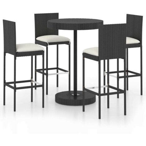 Set de 1 Table et 4 Tabourets de bar de jardin, Ensemble Table et Chaises et coussins Résine tressée Noir OIB5448E