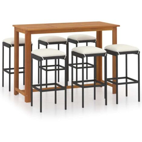 Set de 1 Table et 6 Tabourets de bar de jardin avec coussins, Ensemble Table et Chaises Noir OIB3570E