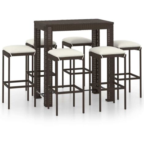 Set de 1 Table et 6 Tabourets de bar de jardin, Ensemble Table et Chaises et coussins Résine tressée Marron OIB1982E