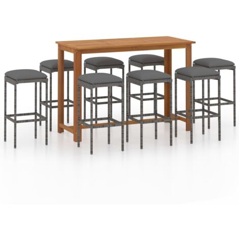 Set de 1 Table et 8 Tabourets de bar de jardin avec coussins, Ensemble Table et Chaises Gris OIB3649E