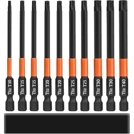 Set de 10 embouts longs Torx pour tournevis et visseuse électrique, Longueur 100 mm Embouts Tournevis Torx Magnétiques, Tige hexagonale de 1/4", T10, T15, T20, T25, T30, T40