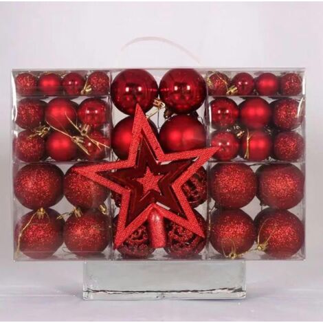 Set de 101 adornos navideños para árbol: estrella brillante y 100 bolas con embalaje. Adornos navideños para interior y exterior. Barras de plástico para colgar. Rojo. Tamaño