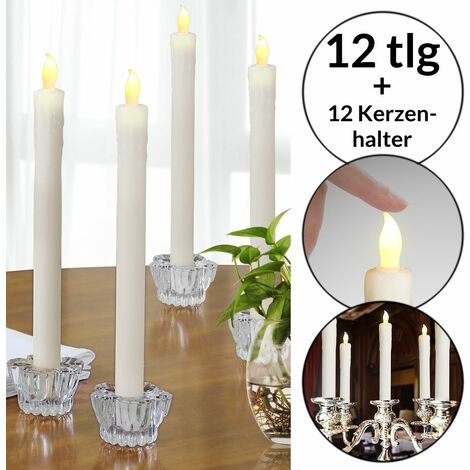 Set de 12 bougies LED en cire véritable Chandelle sans flamme avec bougeoir en verre Lumière blanc chaud
