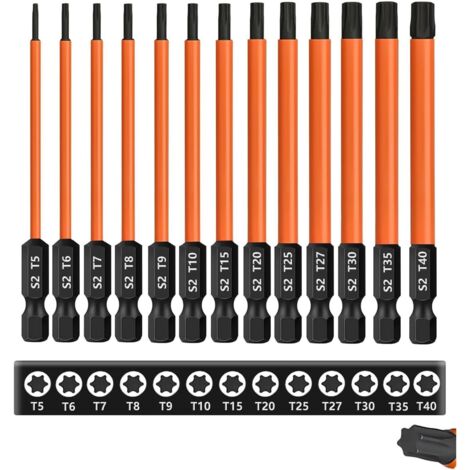 Set de 13 Embouts Torx Longs T5-T40 Acier S2 100mm Magnétiques Pour Perceuse