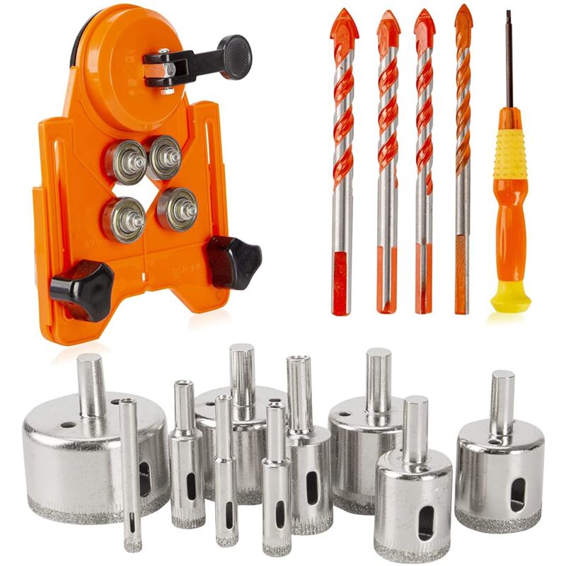 Set de 15 forets diamantés pour carrelage, kit scie cloche avec Guide de scie cloche réglable pour carrelage, verre