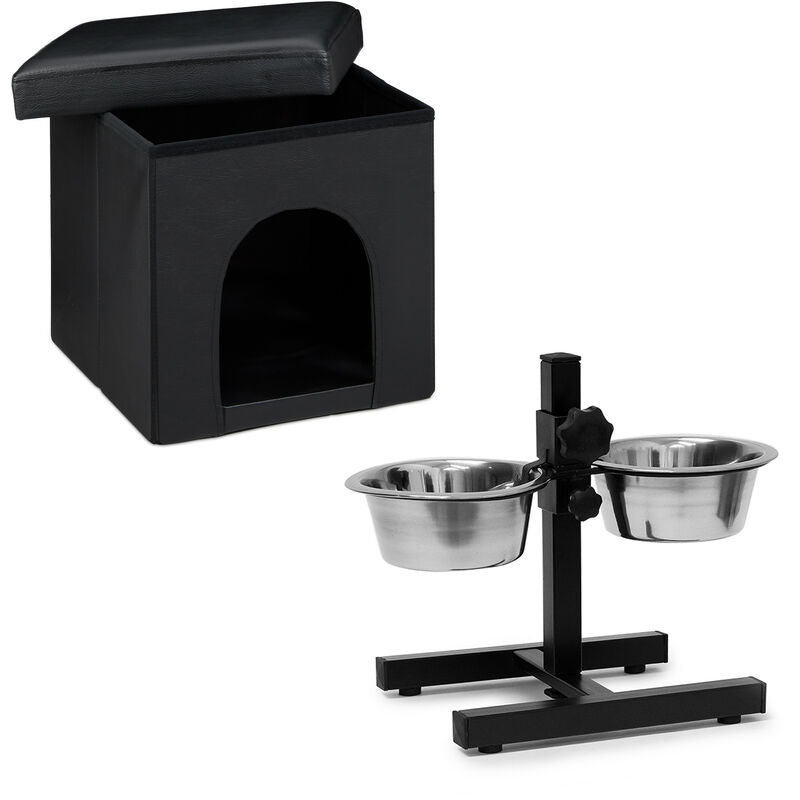 

Set de 2 artículos para mascotas, Comedero doble L, Altura ajustable, Perros-gatos, Taburete con casa para perros, Negro