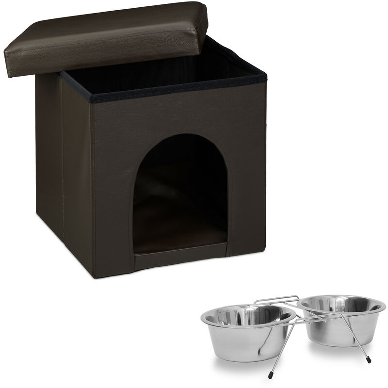 

Set de 2 artículos para mascotas, Taburete con casa para perros, Marrón, Comedero doble, Acero inox, Perros y gatos