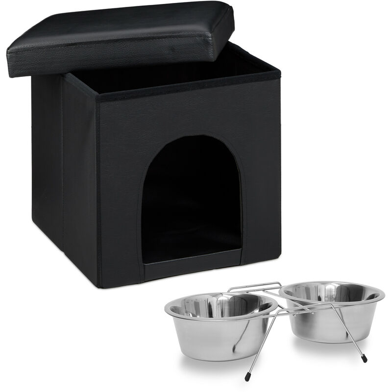 

Set de 2 artículos para mascotas, Taburete con casa para perros, Negro, Comedero doble, Acero inox, Perros y gatos