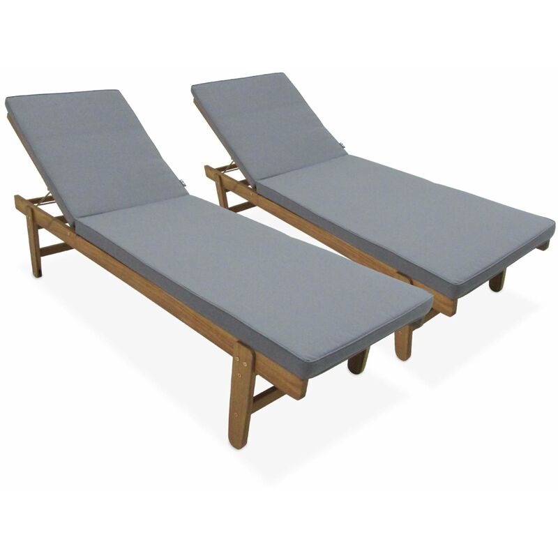Sweeek - Set de 2 bains de soleil en Acacia – arequipa – Transats avec coussins gris et roulettes. multi positions - Gris