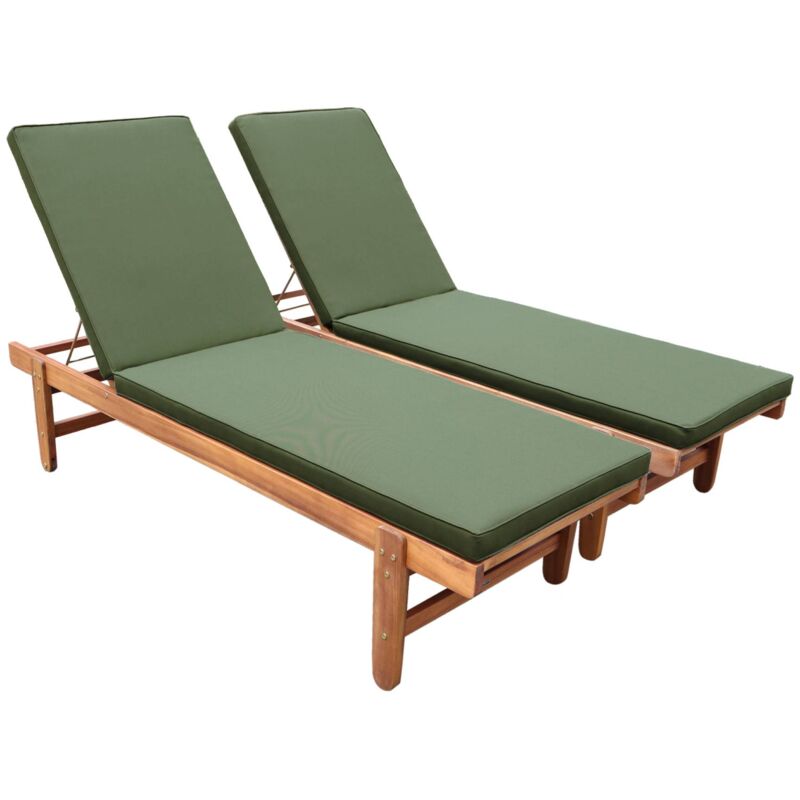 Set de 2 bains de soleil en Acacia – arequipa – Transats avec coussins kaki et roulettes. multi positions