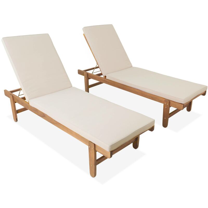 Set de 2 bains de soleil en Acacia – arequipa – Transats avec coussins beige et roulettes. multi positions