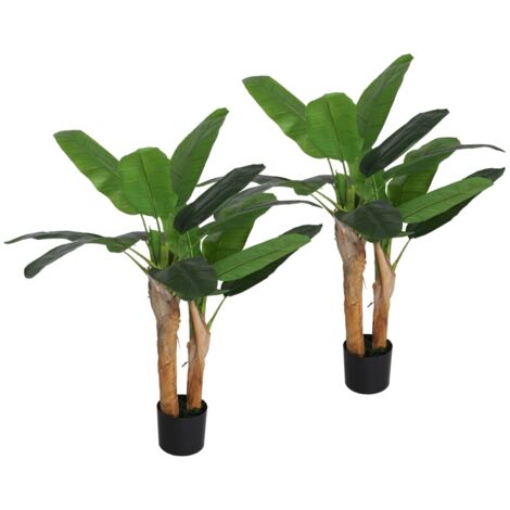 Set de 2 bananiers artificiels 120 cm, plantes artificielles réalistes avec pot, mousse et herbe artificielles pour salon chambre