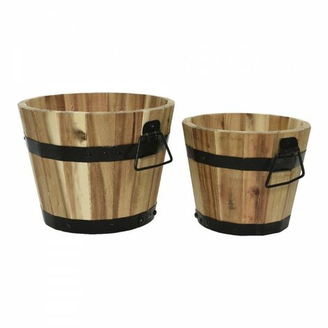 Set de 2 barils en bois avec anneaux metalliques 26 x 20 cms + 20 x 17 cms