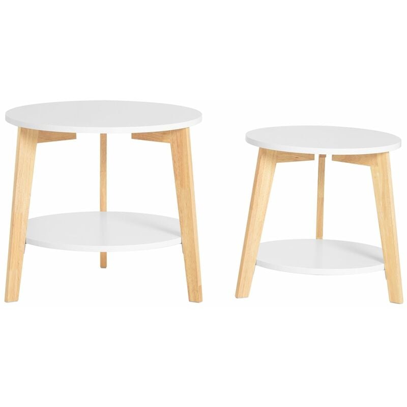 Set de 2-Blanc et Bois Ronde Table d'Appoint Table Basse Ronde Guéridon FBT75-W Sobuy