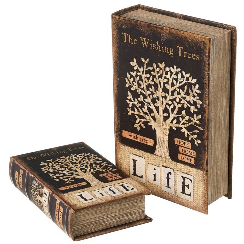 

Set de 2 cajas libro de polipiel y madera MDF de árbol marrones