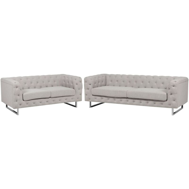 Beliani - Ensemble de 2 Canapés Style Chesterfield Capitonnés en Tissu Beige avec Pieds en Acier Inox Top Tendance pour Salon Chic et Glamour