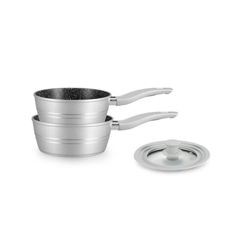 Set de 2 casseroles Ø 18/20 cm avec couvercle silicone universel - Revêtement effet marbre - Gris argenté - Livraison gratuite