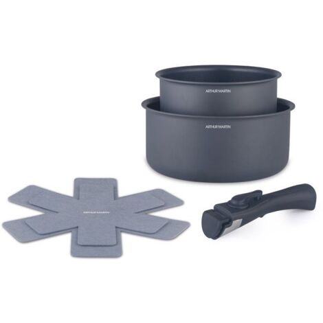 Set de 2 casseroles - Tous feux dont induction - ARTHUR MARTIN - AM2984 - Anti-adhésif - Ø 16-20 cm + Poignée amovible - Gris