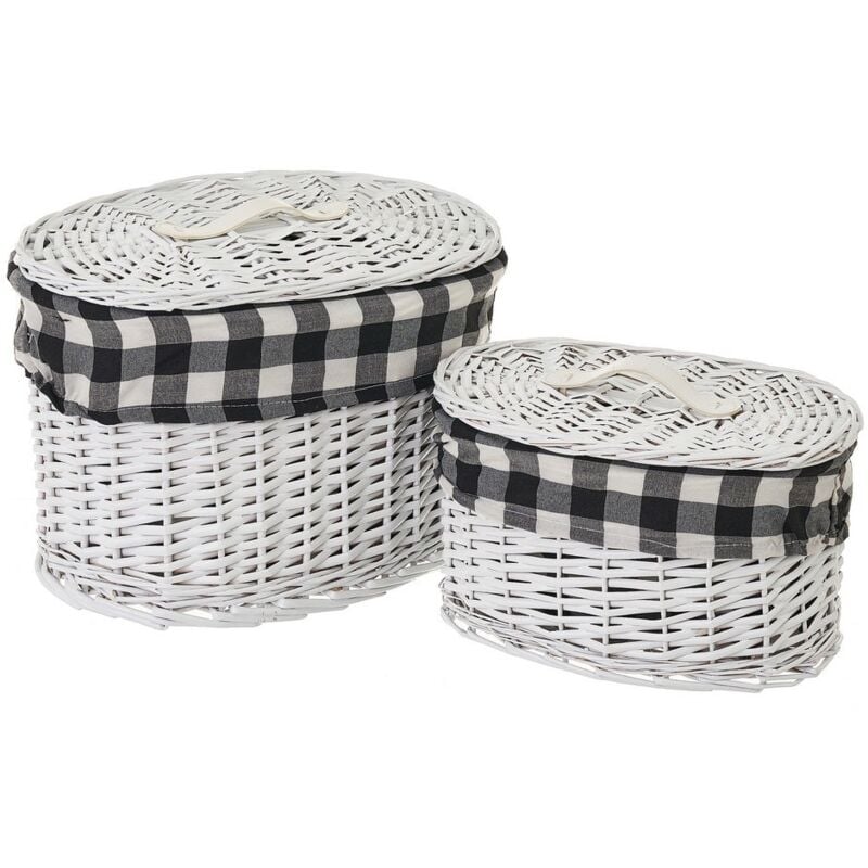 

Set de 2 cestas de mimbre y tela blanco y negro de cuadros vichy