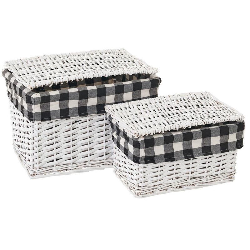 

Set de 2 cestas de mimbre y tela blanco y negro de cuadros vichy