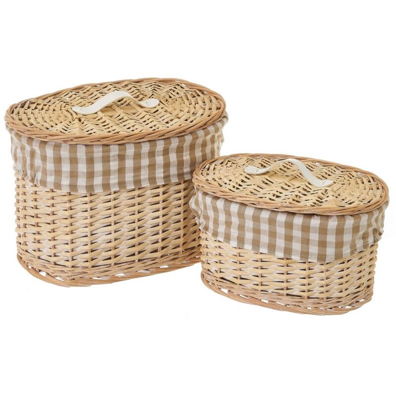 

Set de 2 cestas de mimbre y tela marrón y beige de cuadros vichy